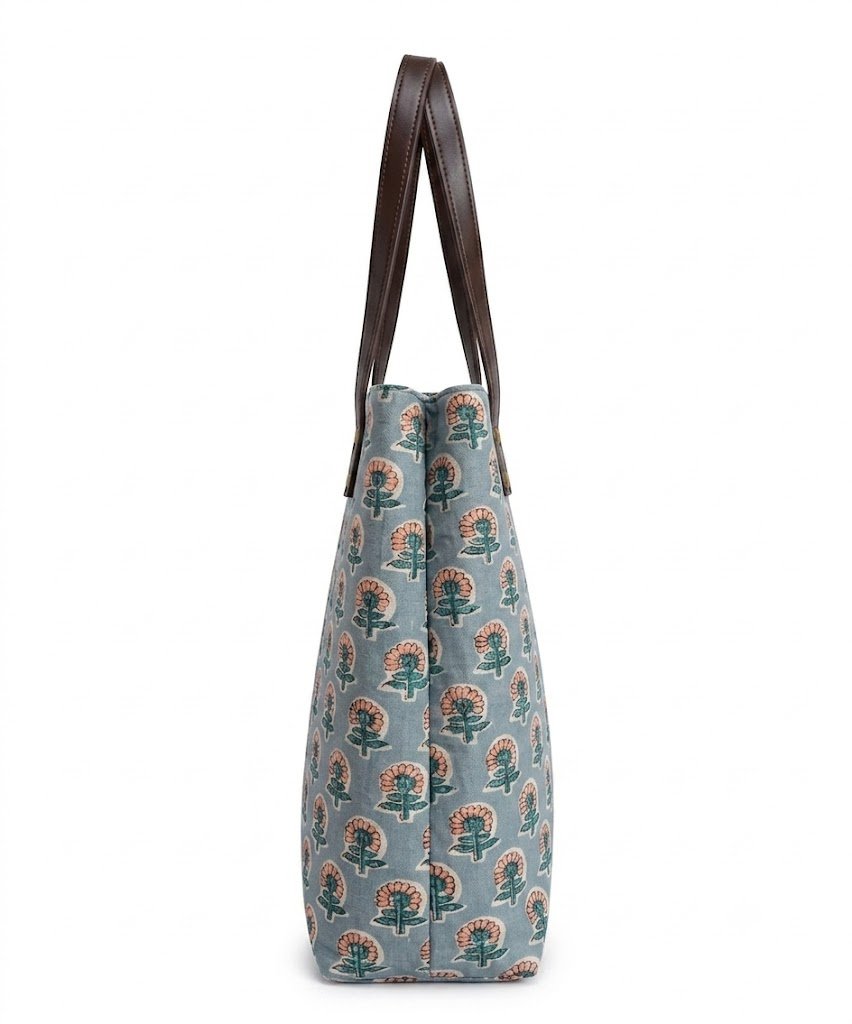Sky Blue Floral Motifs Tote Bag - Image 2