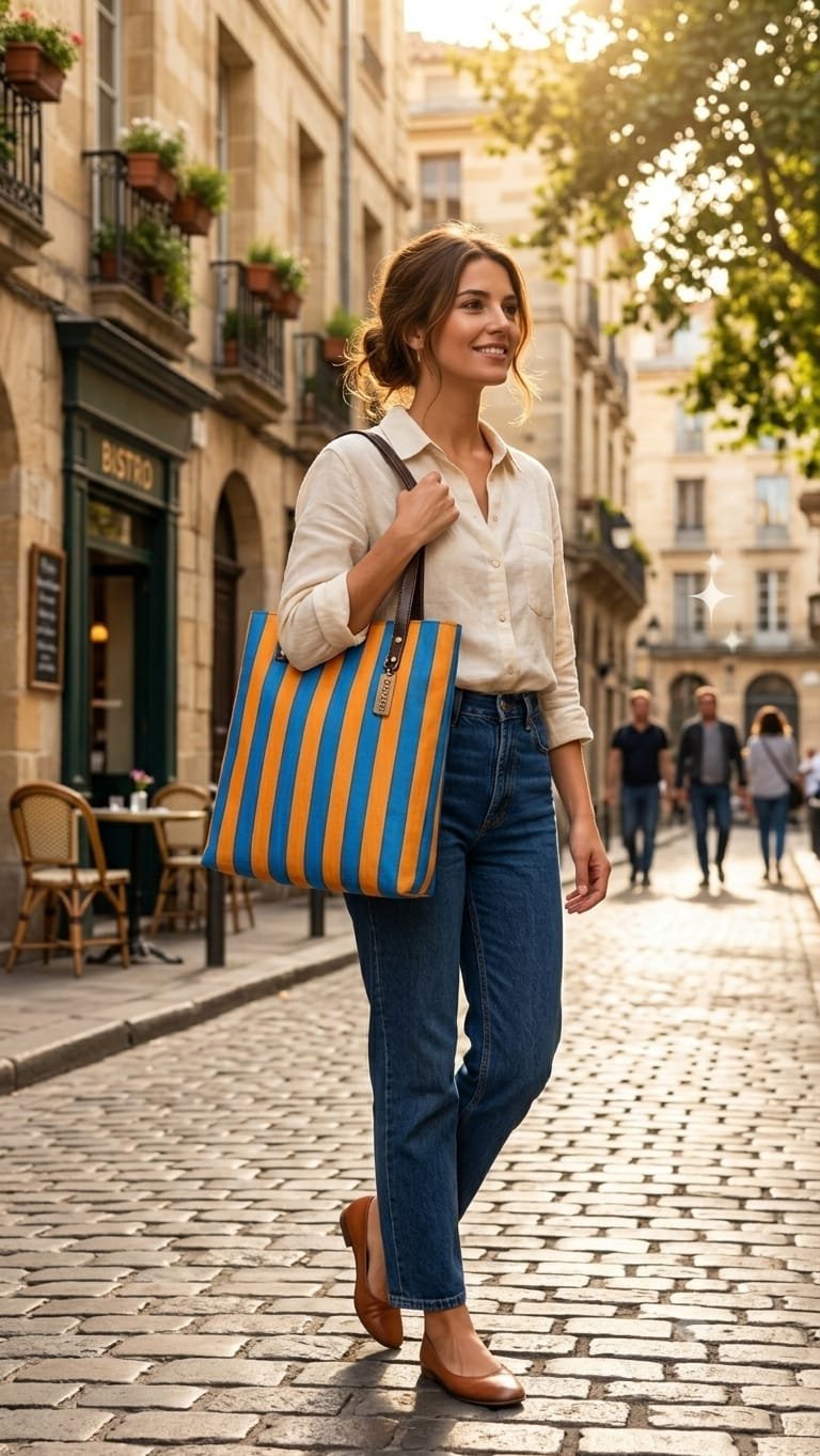 Blue & Mustard Yellow Stripes Tote Bag - Image 3