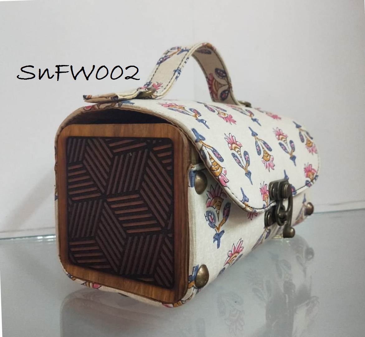 Style n Fashions Premium Wooden Sling Bag with Block Cotton Fabric & Antique Finish Strap - Image 3