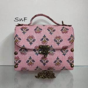 Style n Fashions Premium Wooden Sling Bag with Block Cotton Fabric & Antique Finish Strap