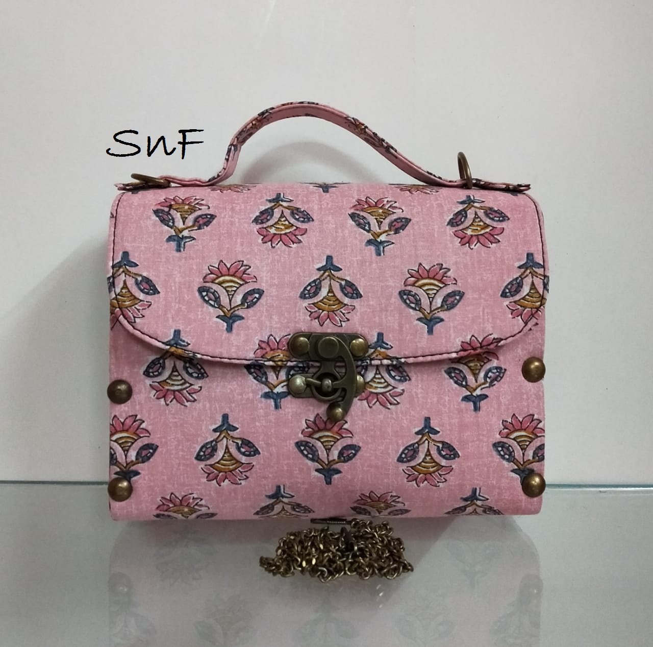 Style n Fashions Premium Wooden Sling Bag with Block Cotton Fabric & Antique Finish Strap