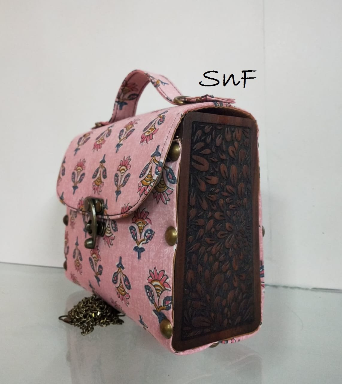 Style n Fashions Premium Wooden Sling Bag with Block Cotton Fabric & Antique Finish Strap - Image 2